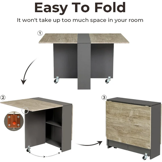 Folding Drop Leaf Dining Table with 6 Wheels and 2-Layer Storage Shelf, Space Saving Table for Small Spaces, Chestnut