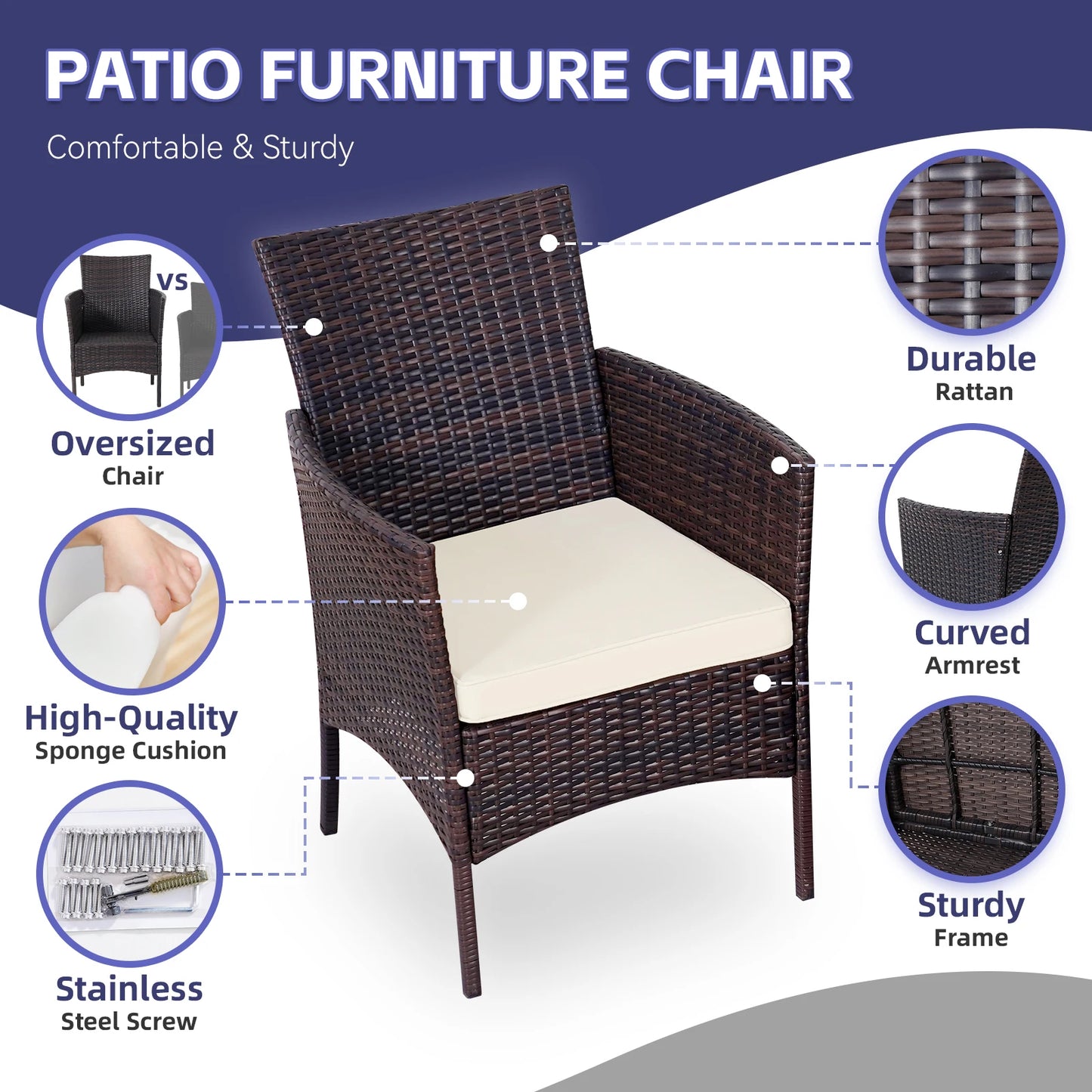 3-Piece Bistro Set Outdoor Patio Furniture Rattan Chairs Table Soft Cmats Tempered Glass Durable Comfortable Garden