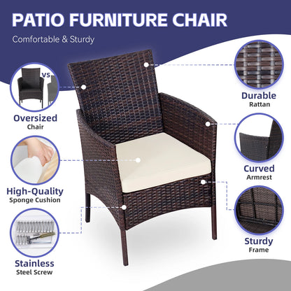 3-Piece Bistro Set Outdoor Patio Furniture Rattan Chairs Table Soft Cmats Tempered Glass Durable Comfortable Garden