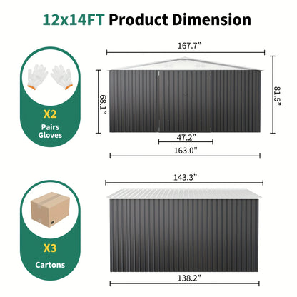 10x12/12x14FT Galvanized Steel Storage Shed Heavy Duty Lockable Hasp Door Black/White Roof Garden Tool Shed for Backyard Patio