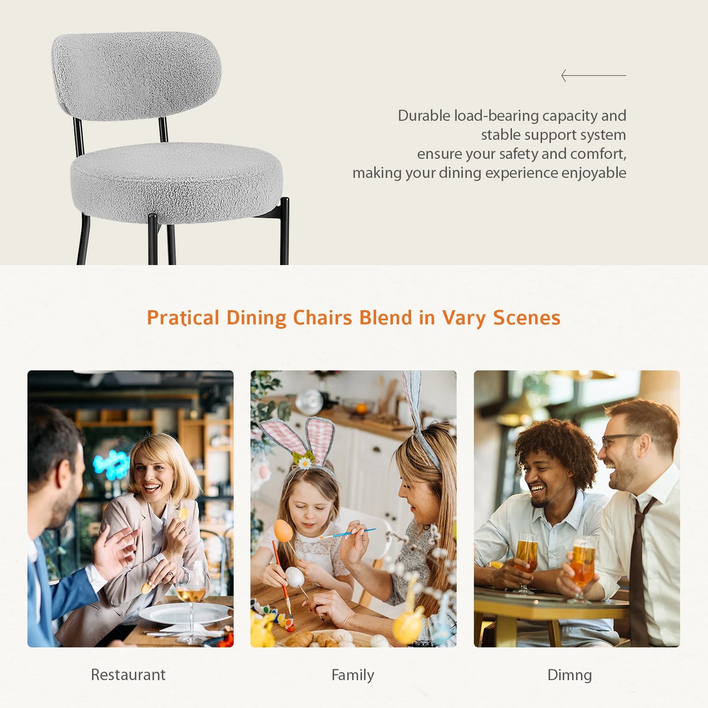 Ergonomic Round Dining Chairs Set of 2 Plush Fabric Kitchen Chairs with Curved Backrest Metal Legs For Living Room