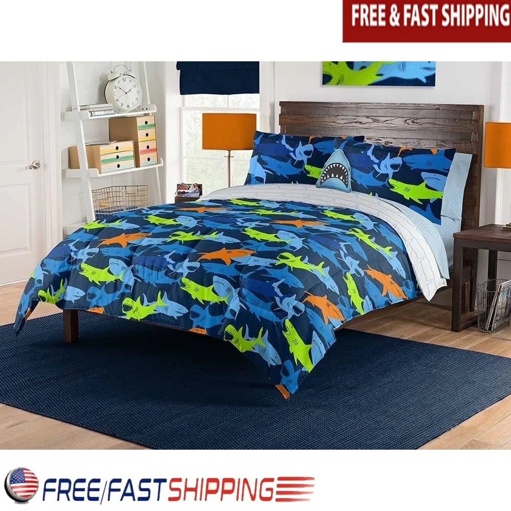 Kids Shark Adventure Full Bed In A Bag Set with Comforter Decorative Pillow 8 Piece Microfiber Bedding