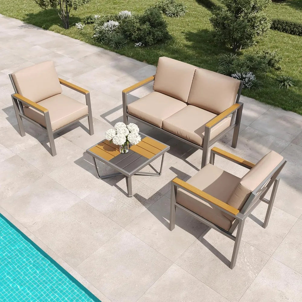 4-Piece Outdoor Patio Furniture Set, Metal Conversation Set with Cushions & Wood-Like Armrests, Modern Patio Sectional
