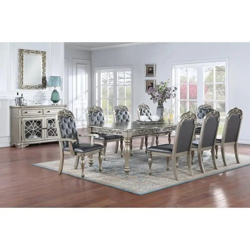 Formal 1pc Dining Table with 2 Leaves, Silver Grey Finish, Antique Design, Rubberwood, Large Family Dining Room Furniture