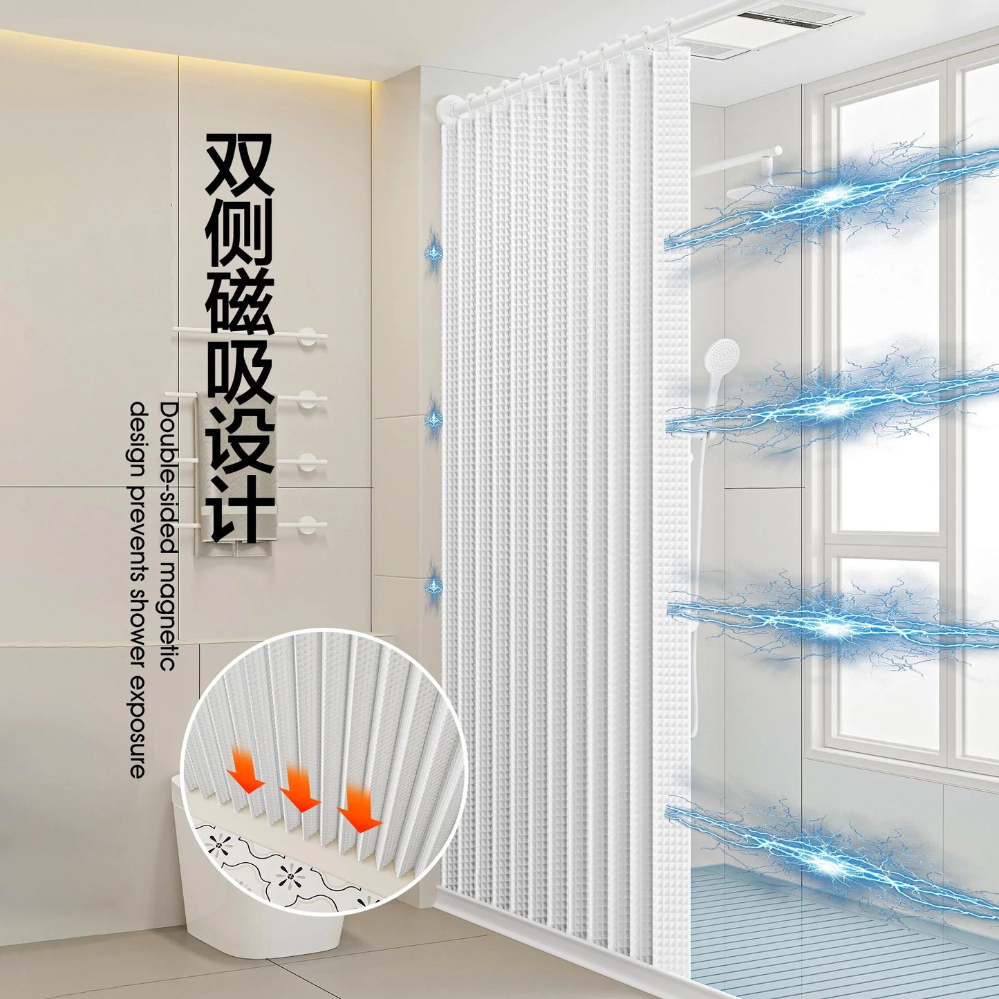 Bathroom Folding Linen Shower Curtain with Magnets Waterproof Suitable for Walk-in Shower Does Not Include Telesc