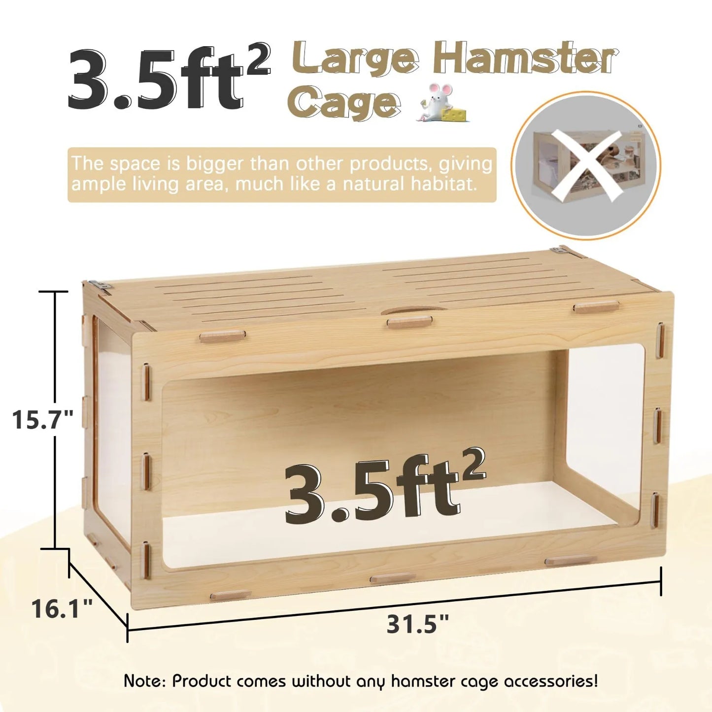 Large Wooden Hamster Cage,Habitat Shelter W/Acrylic Board,Flip Top
