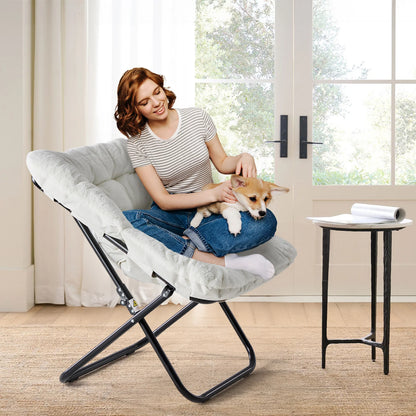28IN Cozy Saucer Chairs Soft Faux Fur Large Size Folding Lounge Living Room Padded Seat Metal Frame Reading Chair Furniture