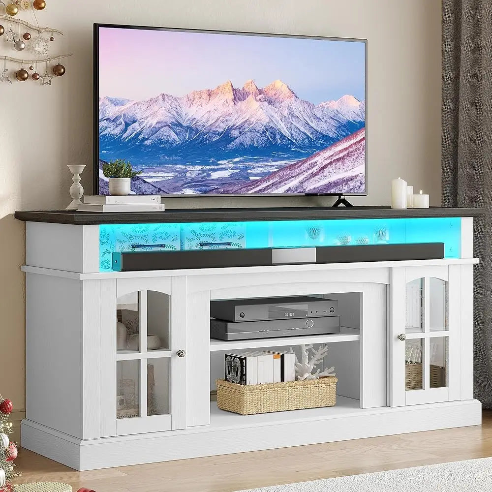 LED TV Stand, Modern Entertainment Center W/Glass Doors Adjustable Storage Shelves, Media Console TV Cabinet for For Living Room