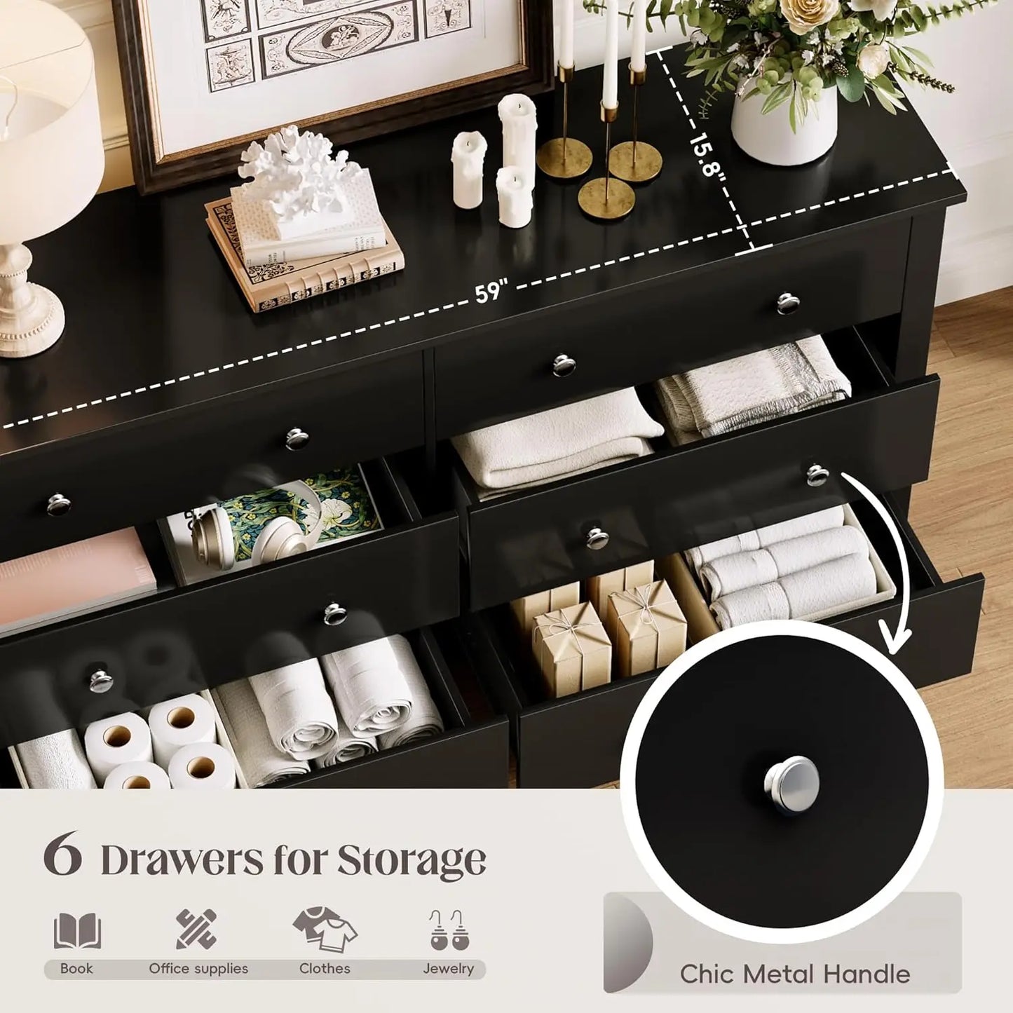 Dresser for Bedroom, 6 Wood Dresser Drawers, Wide Chest of Drawers, Storage Tower Unit Modern Design Bedroom Living Room