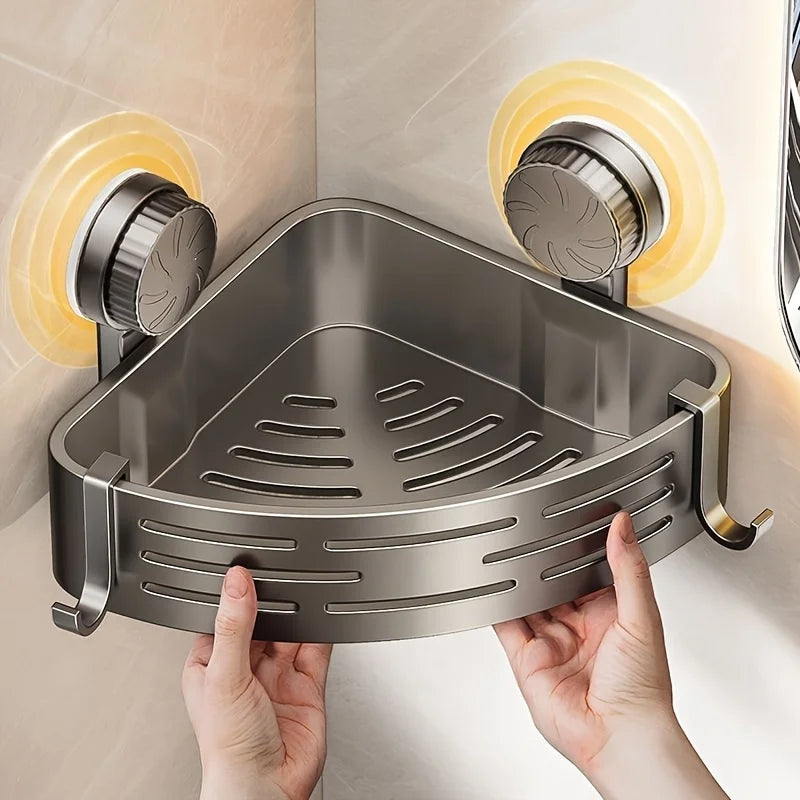 Space Saving Suction Cup Bathroom Rack With Sturdy Triangular Frame And Hook Rod Suitable For Showers And Bathrooms