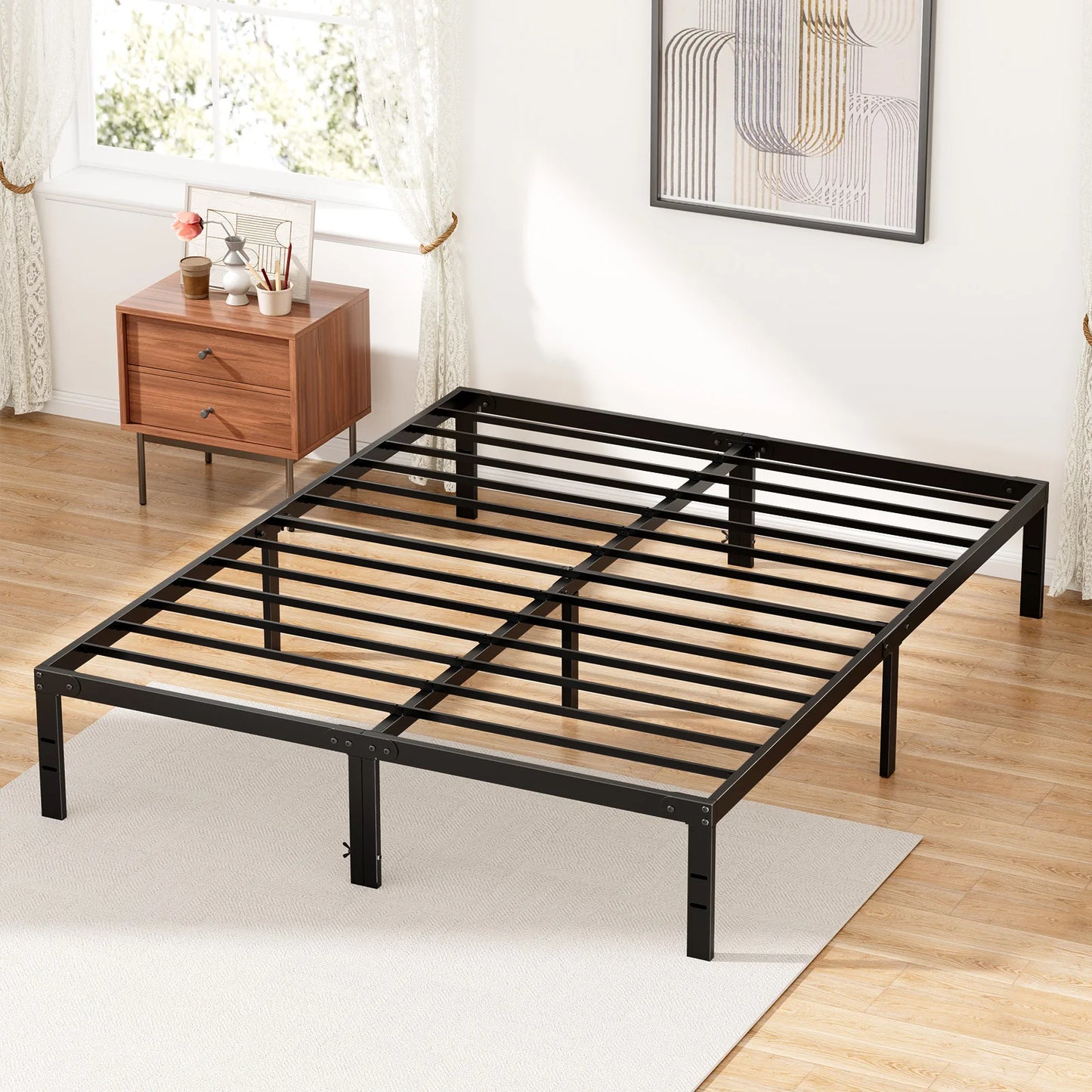 Twin Full Queen King Size Bed Frame Metal Platform Bedroom Frames with Storage Space Sturdy Steel Slat Support 350LBS