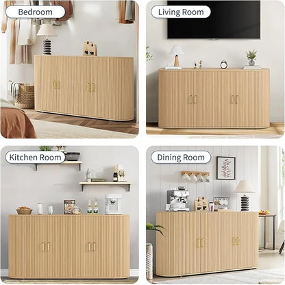 63" Sideboard Buffet Cabinet with Storage, Modern Fluted Accent Credenza with Adjustable Shelves, Wood Coffee Bar with Curved