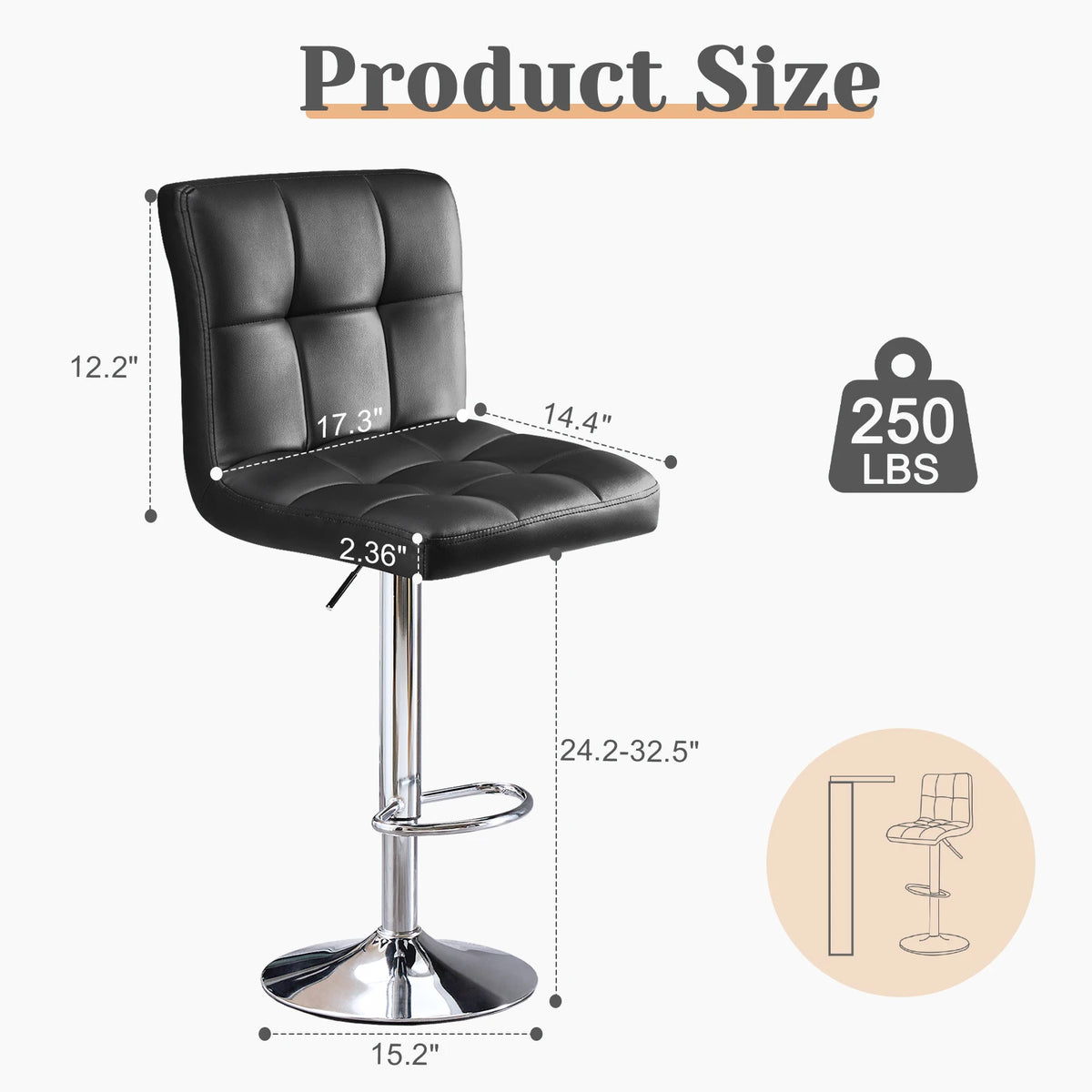 PU Leather Bar Stools Set of 2,Upholstered Counter Height Bar Stools,SGS Certified Gas Gylinder Comfortbale Backrest