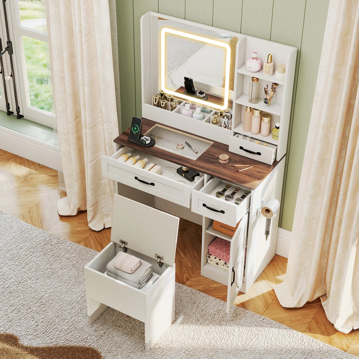 Vanity Desk w/ Mirror & Power Outlets Dressing Table w/ 3 Color lighting