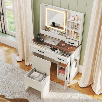 Vanity Desk w/ Mirror & Power Outlets Dressing Table w/ 3 Color lighting