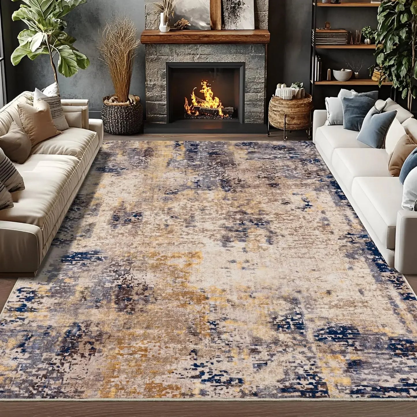 Modern Abstract Washable Area Rugs  Stain Resistant Non Slip Large Blue Soft Indoor Carpet for Home Decor