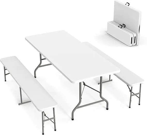 Picnic Table Set with 2 Benches, 6 Feet Camping Table Chair Set,3-Piece Folding Furniture for Indoor or Outdoor Use