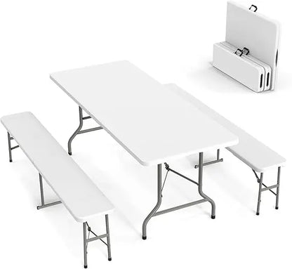 Picnic Table Set with 2 Benches, 6 Feet Camping Table Chair Set,3-Piece Folding Furniture for Indoor or Outdoor Use
