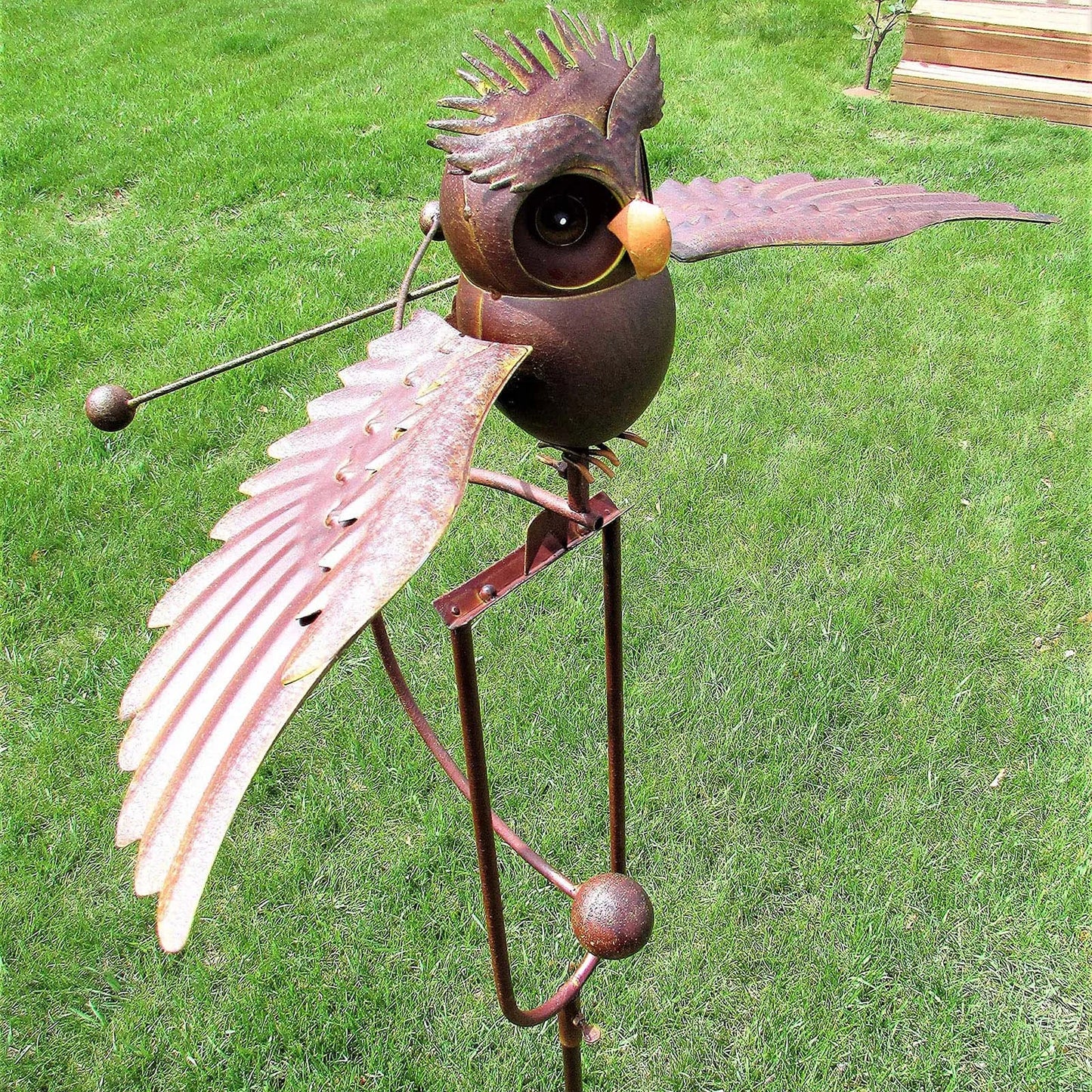 Flapping Metal Brown Gray Owl Yard Stake Rocking Wind Whirly Garden Art Garden Decoration Outdoor 1pcs