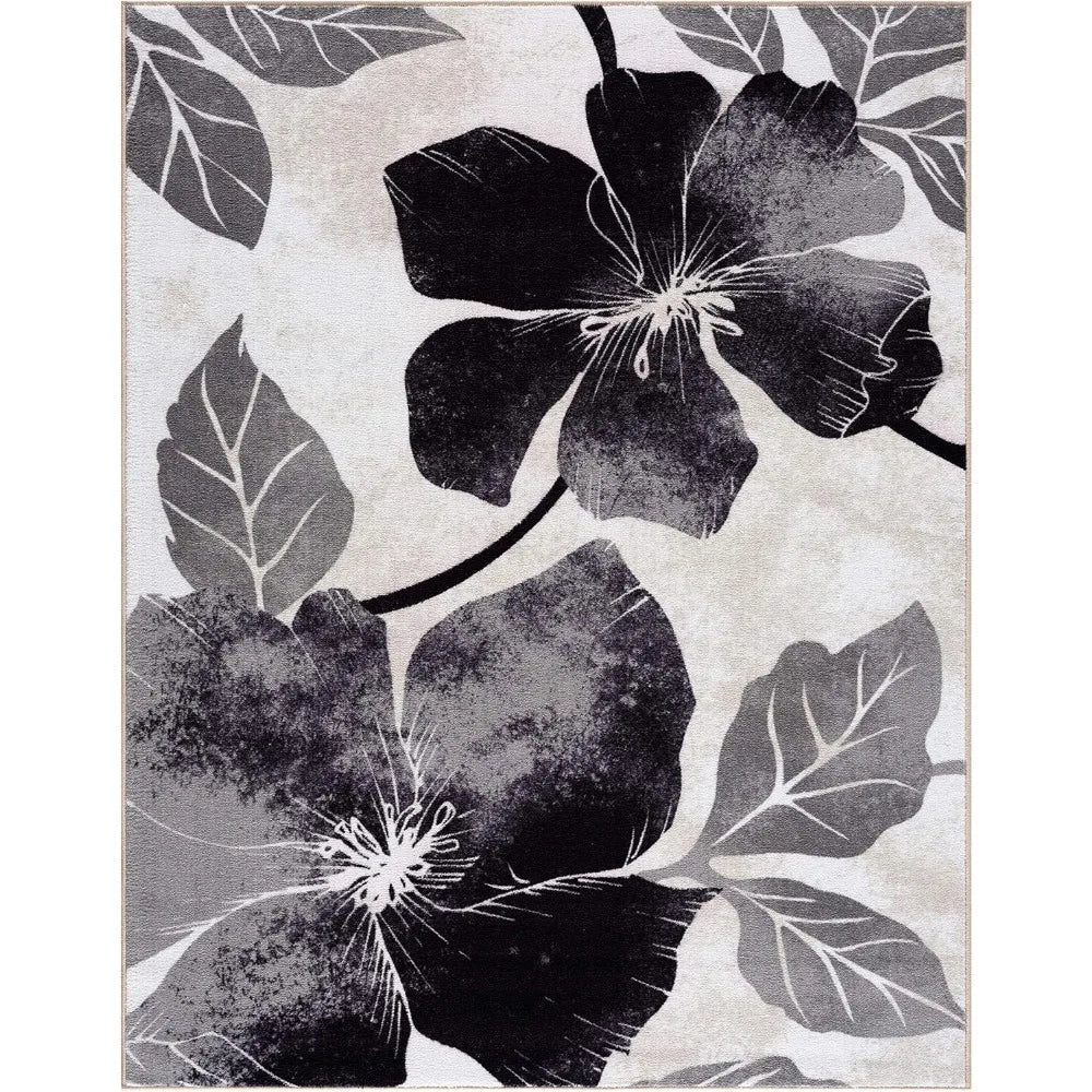 Solana Modern Floral 6'7" x 9'0" Area Rugs Non-Skid (Non-Slip) Rubber Backing Black Gray Flowers Indoor Rug