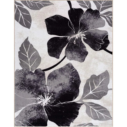 Solana Modern Floral 6'7" x 9'0" Area Rugs Non-Skid (Non-Slip) Rubber Backing Black Gray Flowers Indoor Rug
