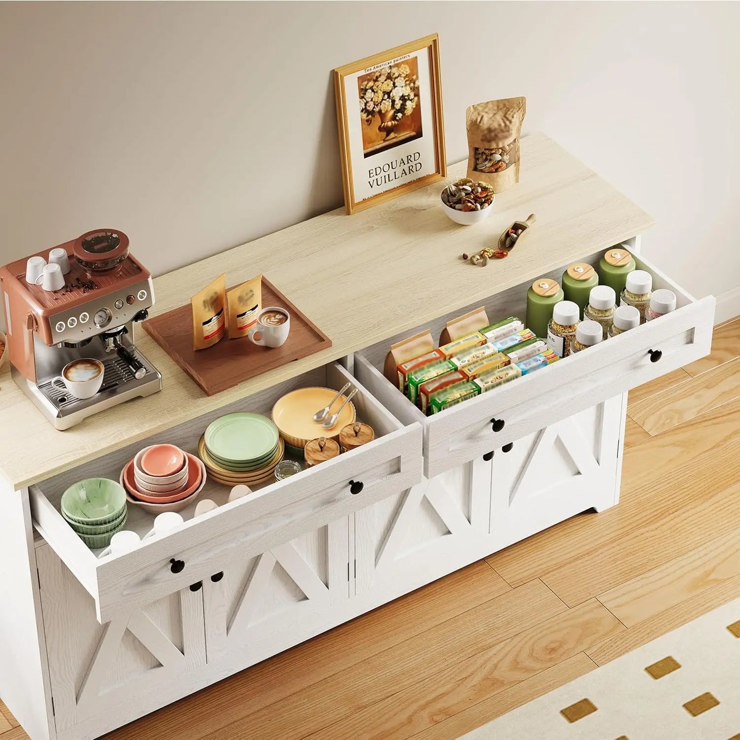Buffet Cabinet with Storage, Sideboard Storage Cabinet,  Natural Wood, Kitchen Cabinet with Drawers & Doors, White