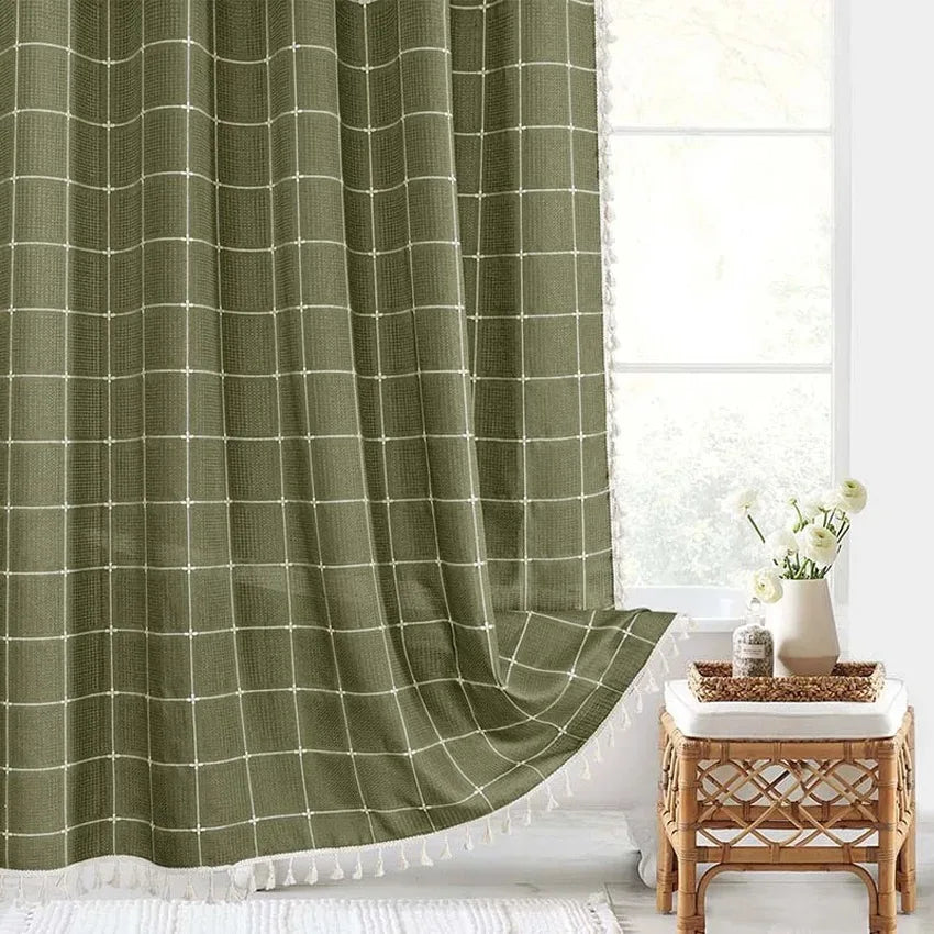 Nordic Jacquard Linen Shower Curtain with Tassels Waterproof Bath Curtains with Hooks for Bathroom Bathtub Bathing Cover