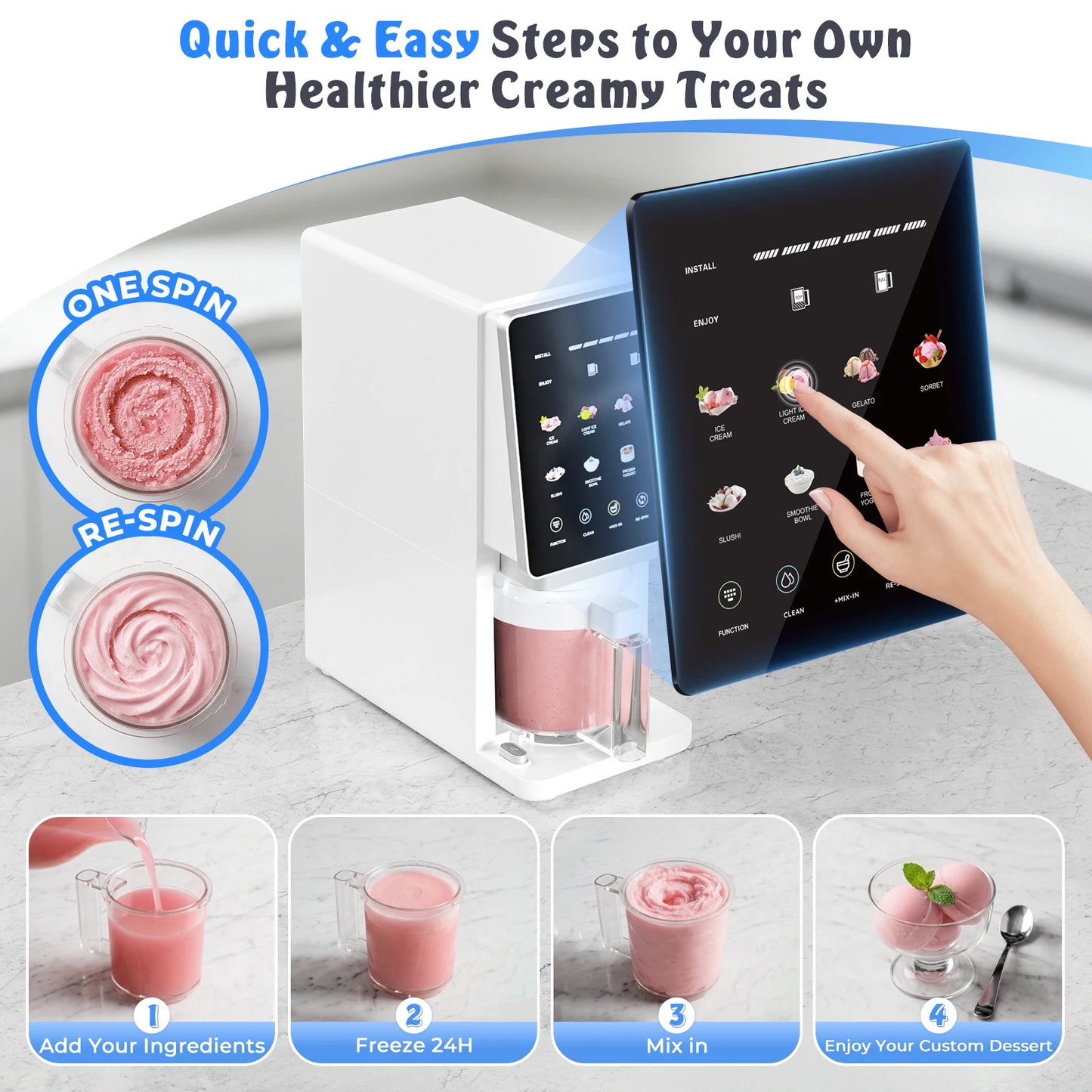 11 in 1 Ice Cream Maker with Recipe, Mix-in & Re-spin for Creamy Texture | 3 Pints Diary Free Keto-Friendly Frozen Dessert Machine, Frozen Treat, Yogurt, Sorbet, Gelato, Smoothie Bowls