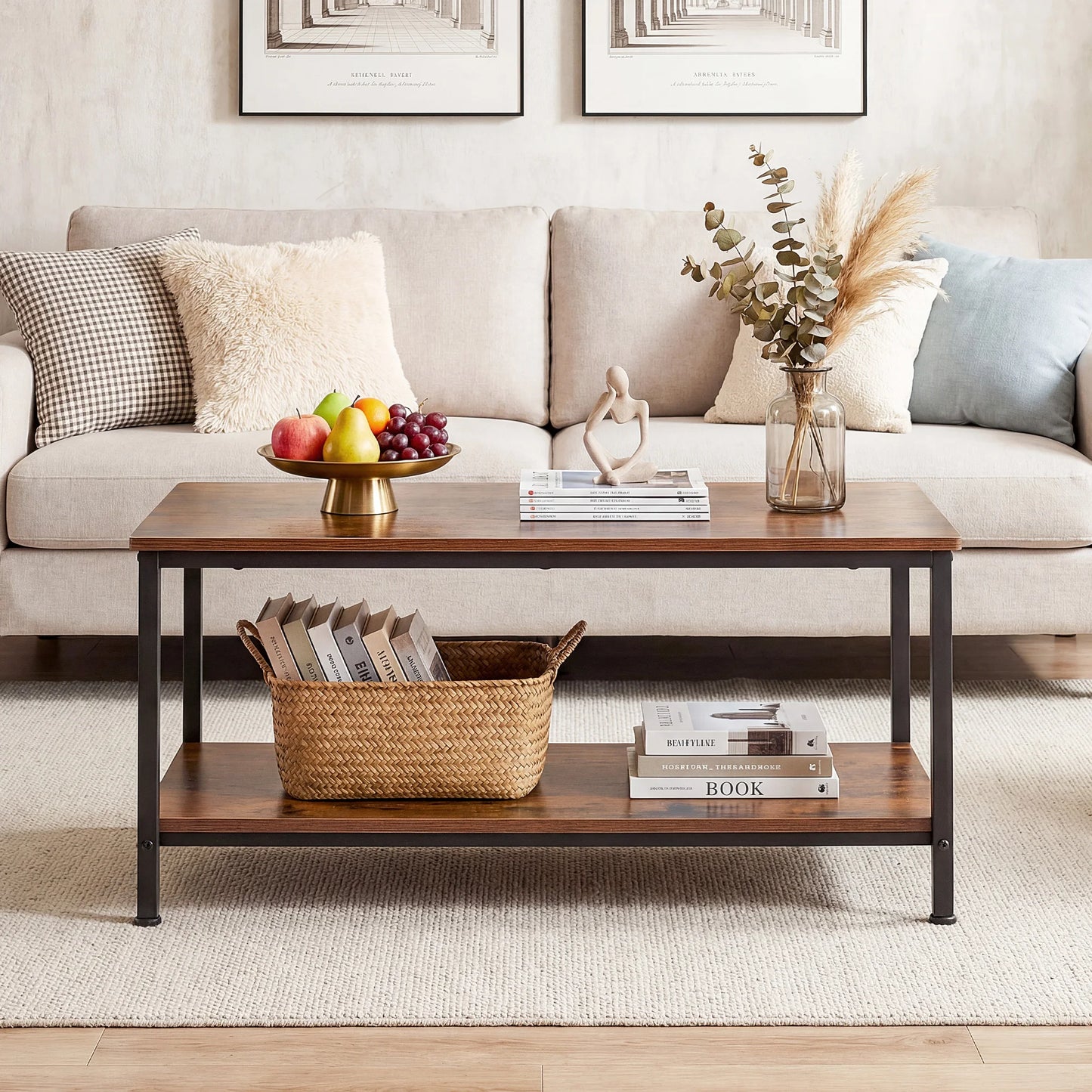 31IN Wood Coffee Table For Living Room 2-Tier Center Counter with Storage 50 lbs Capacity Anti-Slip Feet Modern Design