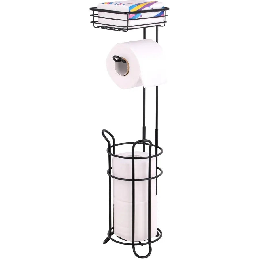 Free standing matte black toilet paper holder with integrated paper roll storage for bathroom organization compact design holds