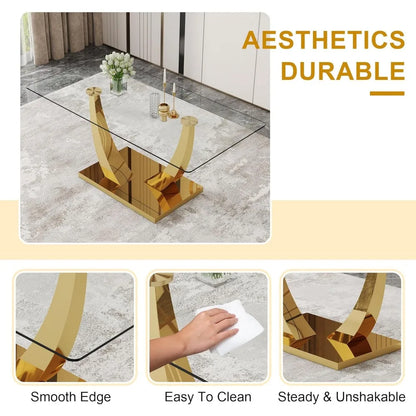 Glass Dining Table Set for 6, Modern Kitchen Table Set for 6, 71" Tempered Glass Tabletop with U-Shaped Gold Base, 7 Ppiece
