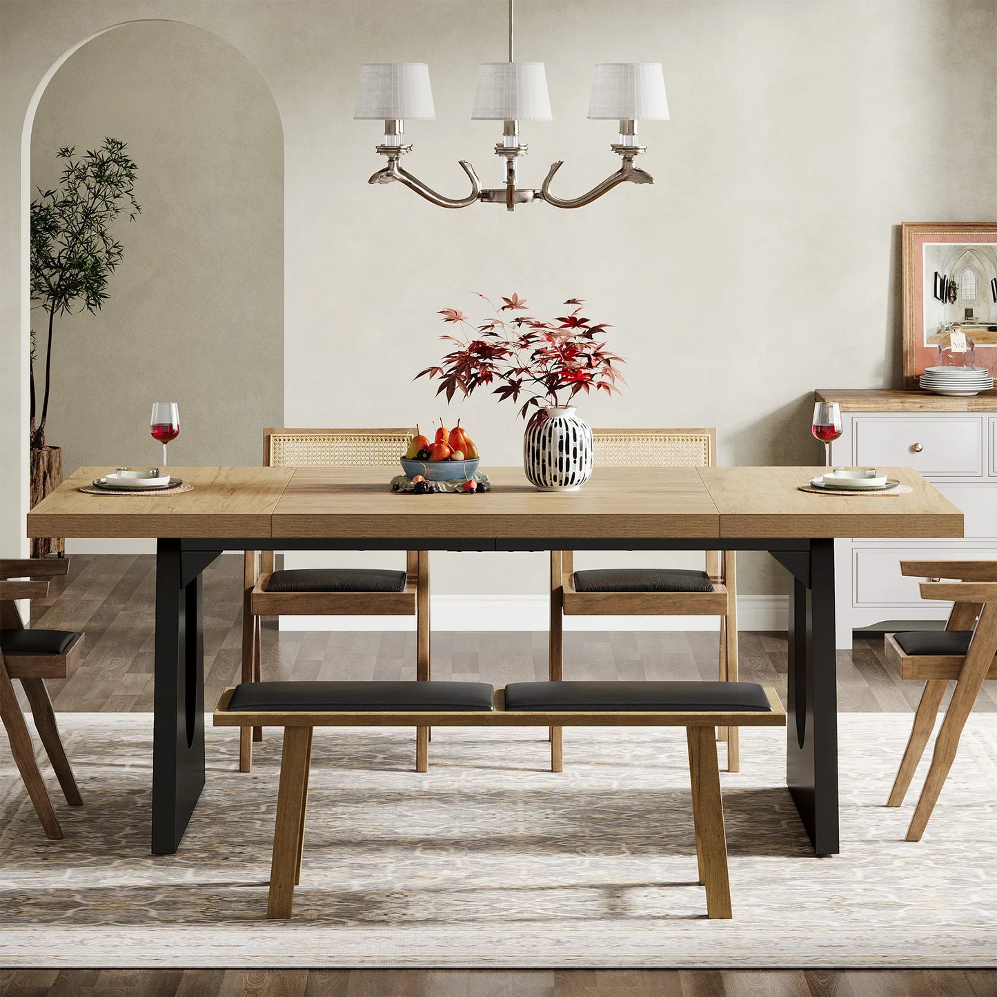 Tribesigns Large Dining Table for 6-8 People, 70.9-Inch Wood Rustic Rectangular Table with Black Wooden Legs