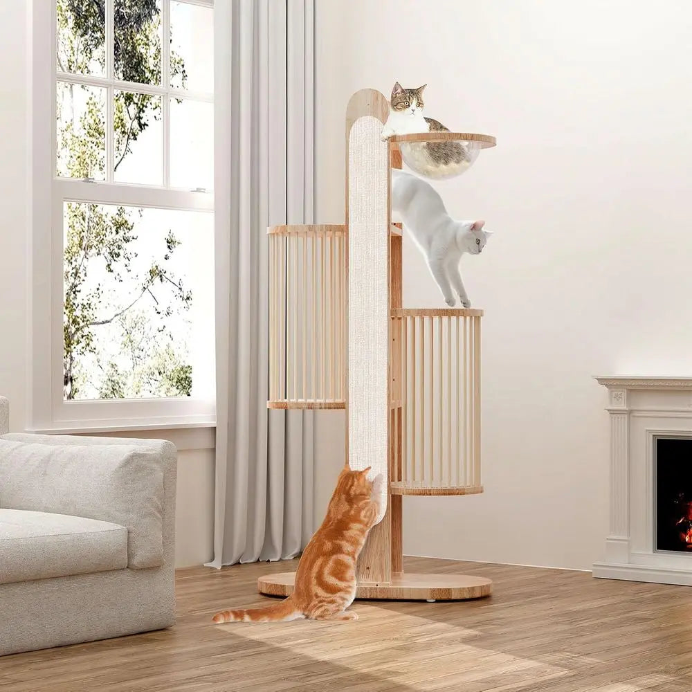 67 High Wooden Cat Tower with 6 Levels, Scratching Posts, Big Bed, Washable Cushions for Large Cats in White and Brown