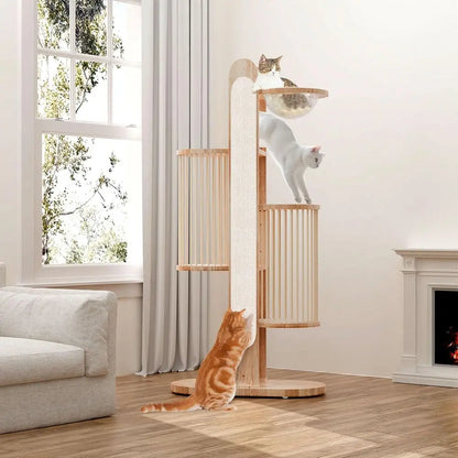 67 High Wooden Cat Tower with 6 Levels, Scratching Posts, Big Bed, Washable Cushions for Large Cats in White and Brown