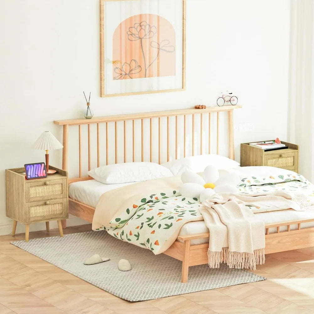 Rattan Nightstand with Charging Station Set of 2