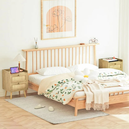 Rattan Nightstand with Charging Station Set of 2