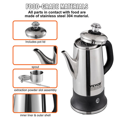 12-Cup Electric Percolator Coffee Pot 304 Stainless Steel Coffee Percolator with Keep Warm Function