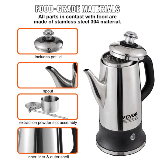 12-Cup Electric Percolator Coffee Pot 304 Stainless Steel Coffee Percolator with Keep Warm Function