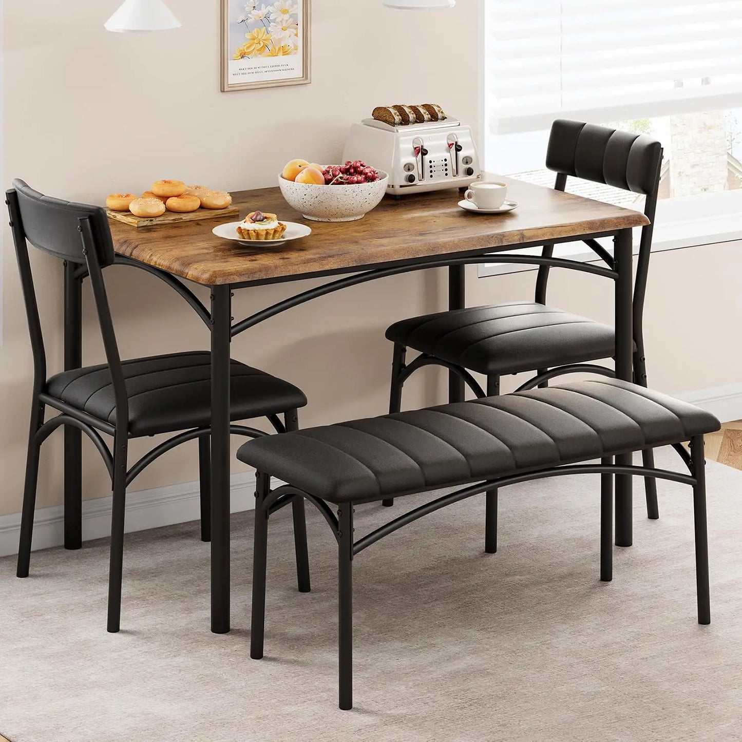 Dining Table Set for 4,Kitchen Table and Chairs for 4,Rectangular Kitchen Table Set with Upholstered Bench,Dining Room Table Set