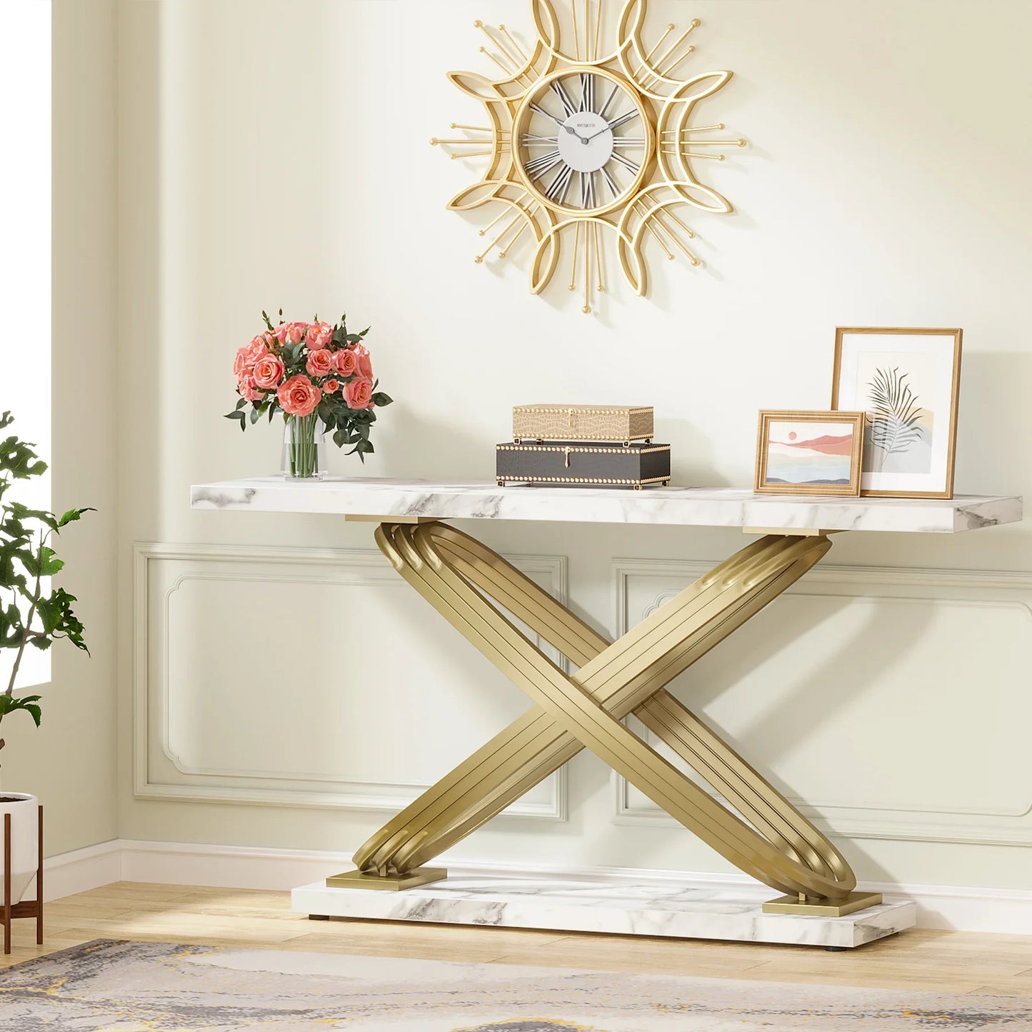55 Inch Modern Console Table, Faux Marble Gold Entryway Table Behind Sofa Couch, Narrow Rectangular Sofa Table