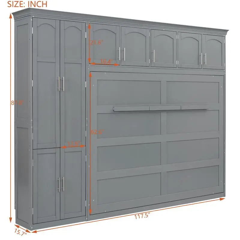 Gray Queen Murphy Bed with Cabinets, Space-Saving Wall Bed for Dual Functionality