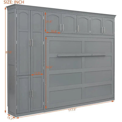 Gray Queen Murphy Bed with Cabinets, Space-Saving Wall Bed for Dual Functionality
