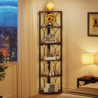 67 inch Tall Corner Shelf, 6 Tier Rustic Corner Bookshelf Bookcase Storage Rack Standing Shelving Unit