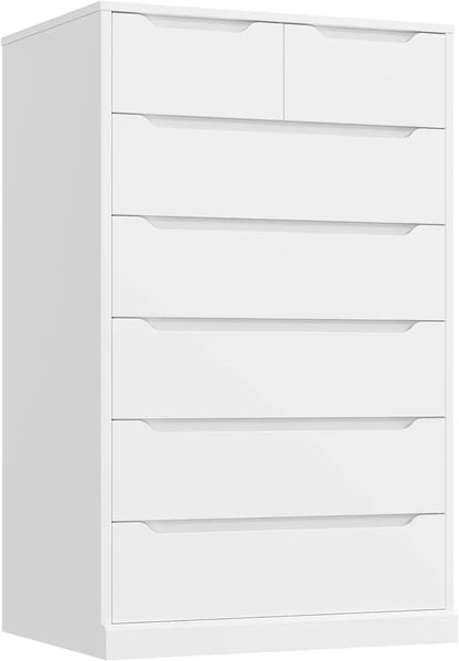 51" Tall 7 Drawers Dresser, Modern White Dresser, Wood Dressers & Chests of Drawers with Cut-Out Handles, Upright Drawer Chest