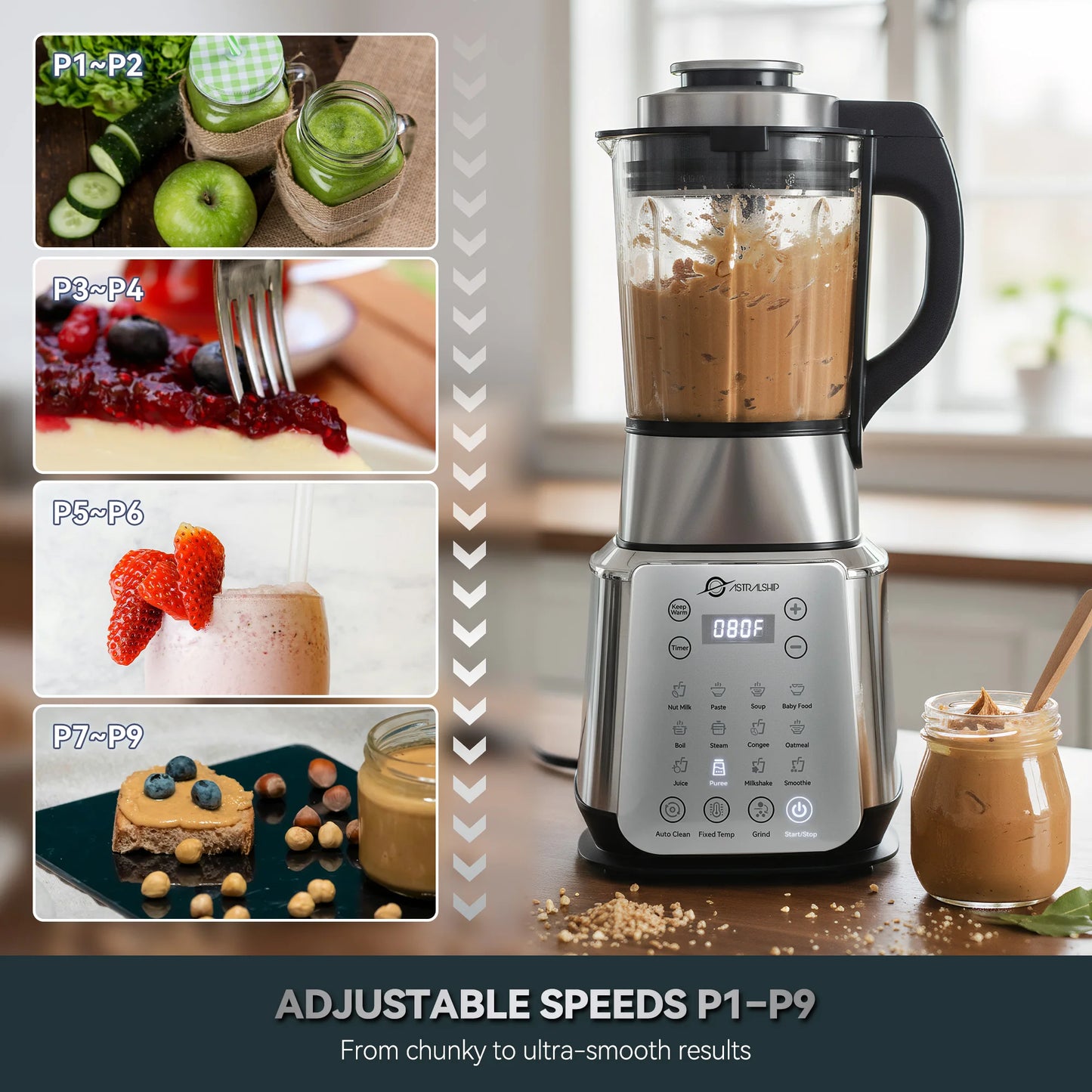 Stainless Steel Glass Blenders for Kitchen，1500W Motor, Food Processor Combo 9 Adjustable Speeds, 14 Preset Programs