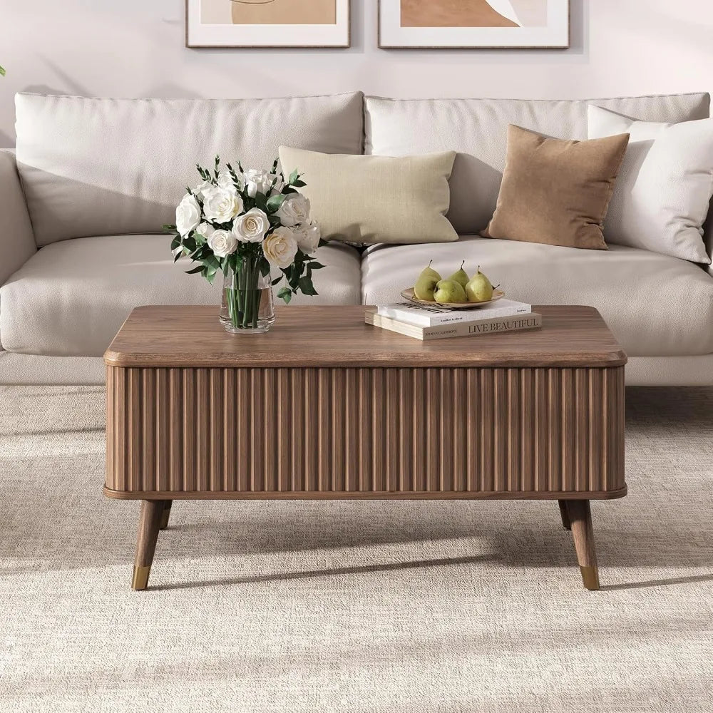Lift Top Coffee Table with Storage,Mid Century Modern Coffee Table,Fluted Wood Rectangle Center Table for Living Room,Office