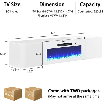 Wall-Mounted Electric Fireplace Entertainment Center with Storage, 36 High Gloss Floating TV Stand