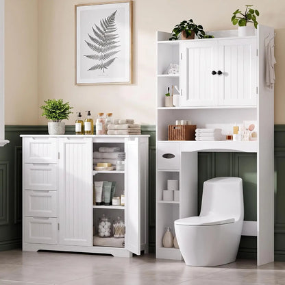 2 PCS Bathroom Storage Cabinet Sets, White Over The Toilet Storage Cabinet & Bathroom Floor Cabinet with Drawers & Doors, Wooden