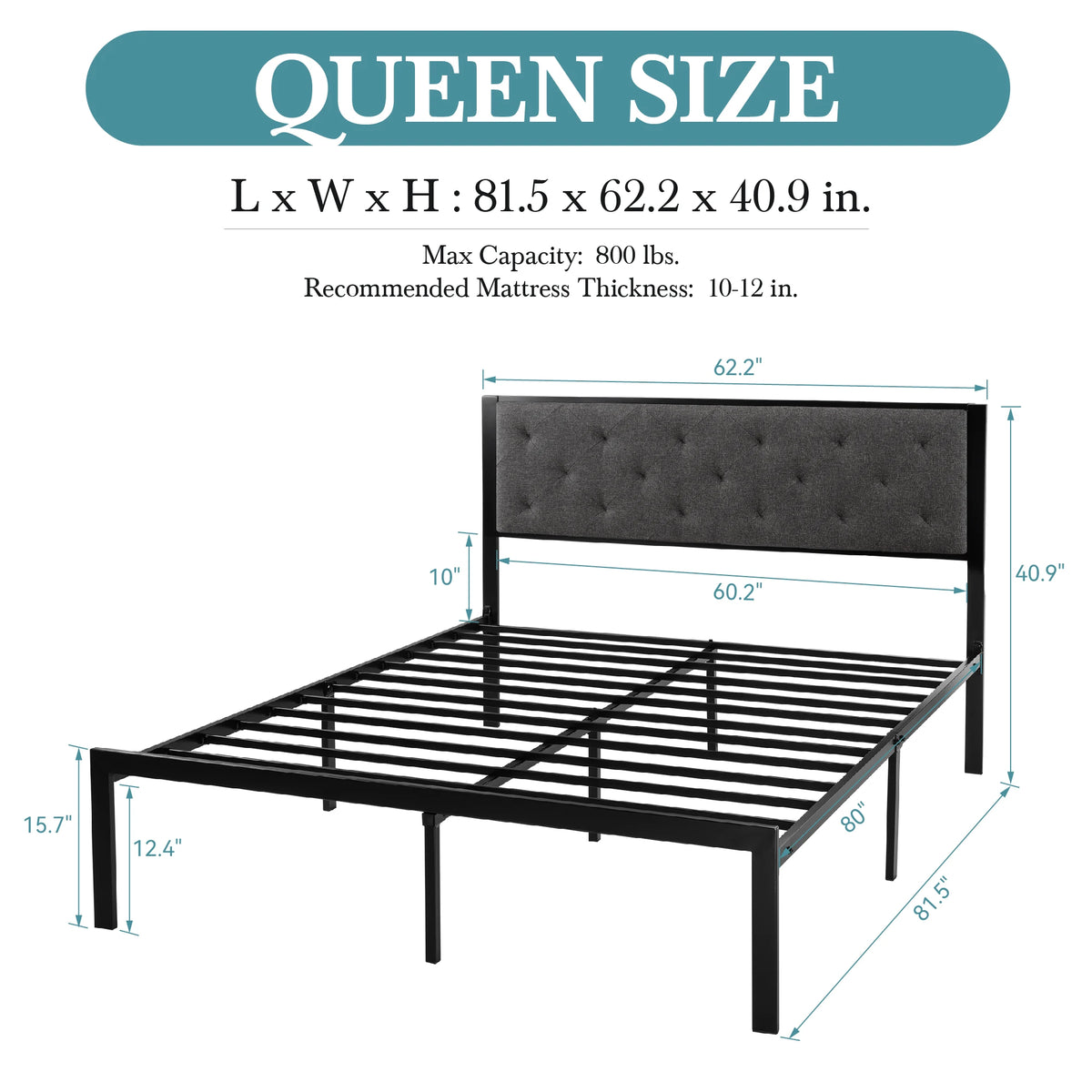 Metal Bed Frame with Upholstered Finely Stitched Headboard, , Sturdy Foundation, No Box Spring Needed