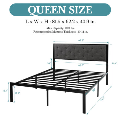 Metal Bed Frame with Upholstered Finely Stitched Headboard, , Sturdy Foundation, No Box Spring Needed